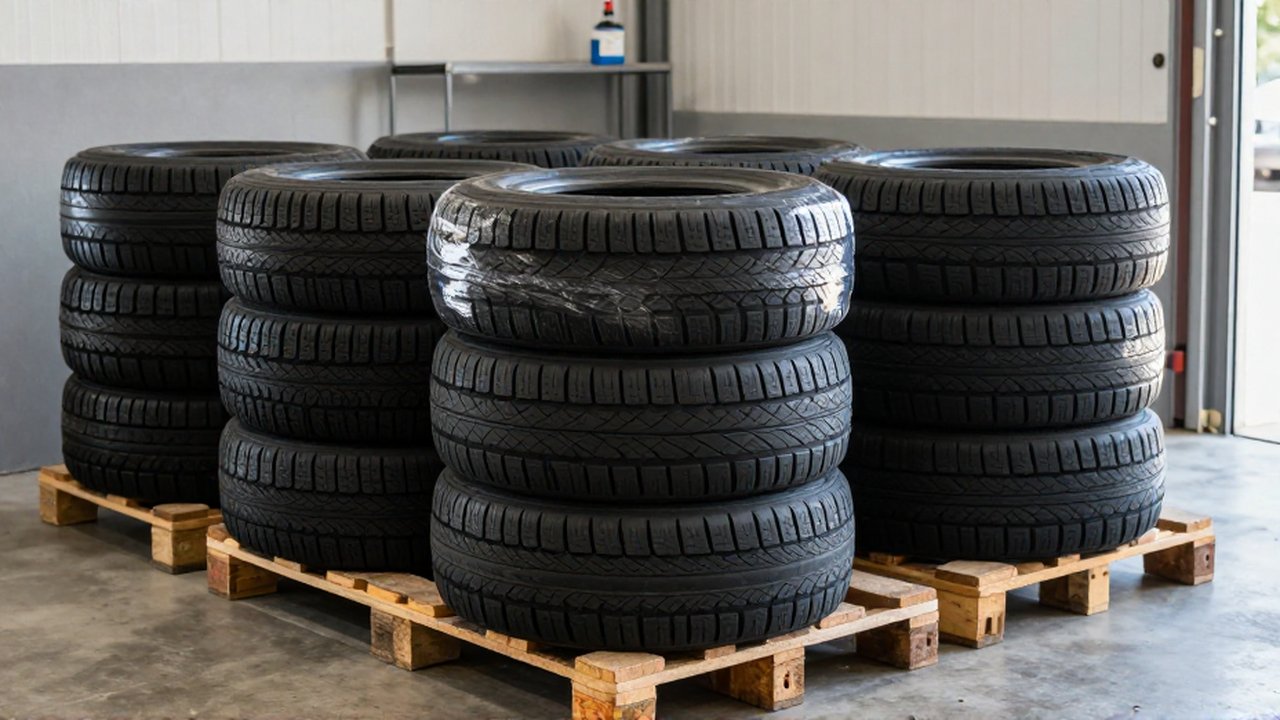 Spare vehicle tires stacked neatly on wooden pallets inside a clean, organized garage.