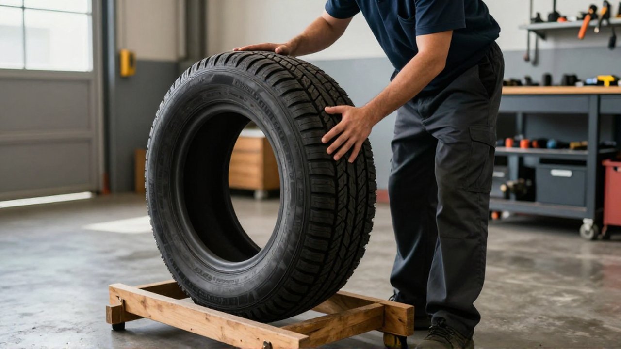 A mechanic carefully places a large spare tire onto an elevated wooden rack in a workshop.