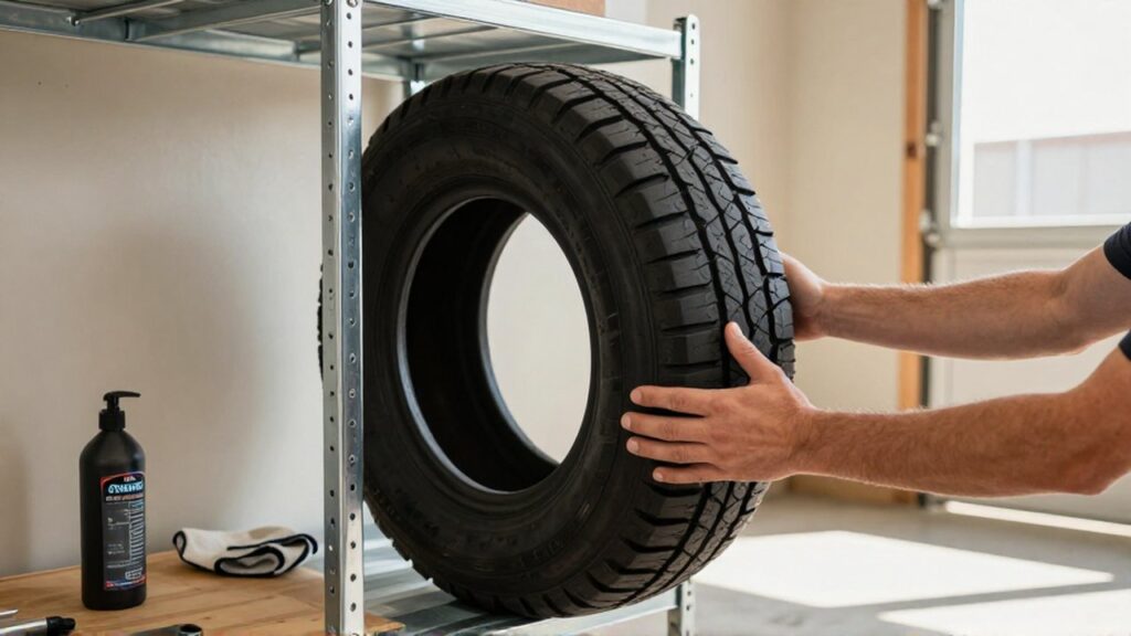 Hands carefully place a black rubber spare tire onto a metal shelf in a tidy garage.