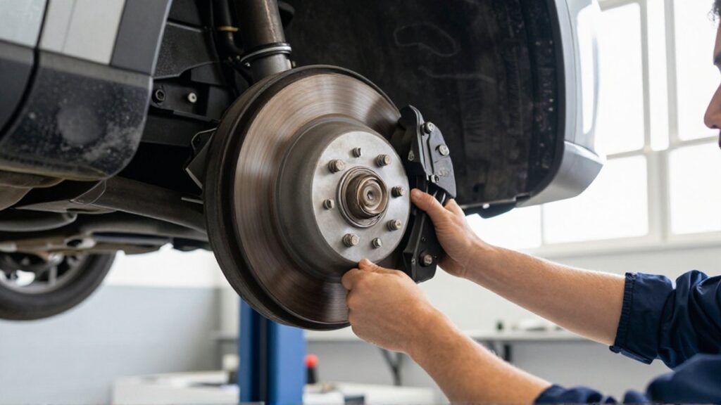 A mechanic in a bright workshop tests a car's brake pedal resistance in the footwell.