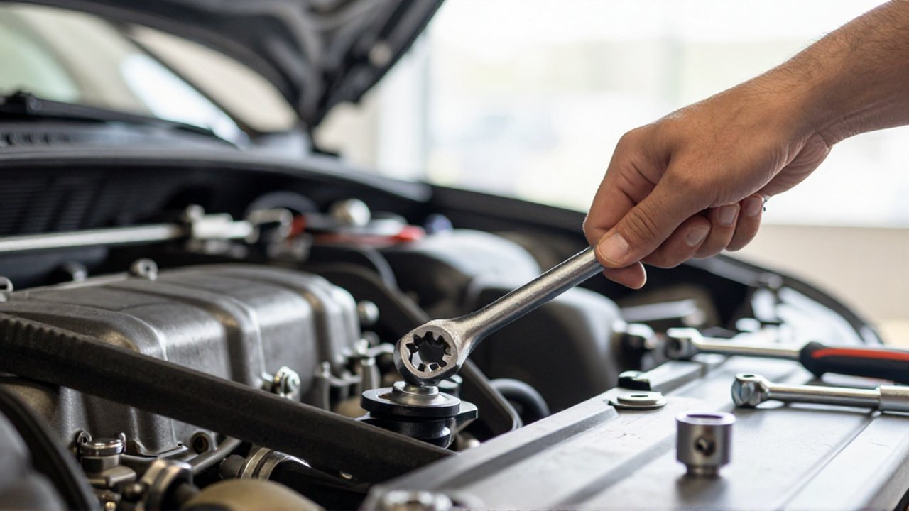 A mechanic uses a heavy-duty socket wrench to tighten a serpentine belt on an engine.
