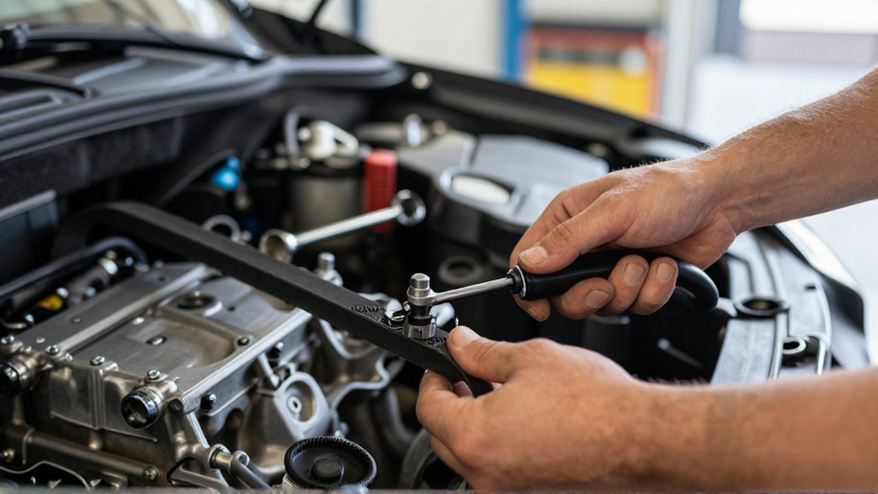 A mechanic uses a tension gauge to check a black serpentine belt inside a car engine.