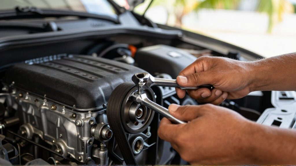 A mechanic uses a socket wrench to adjust a tensioner bolt on a serpentine engine belt.