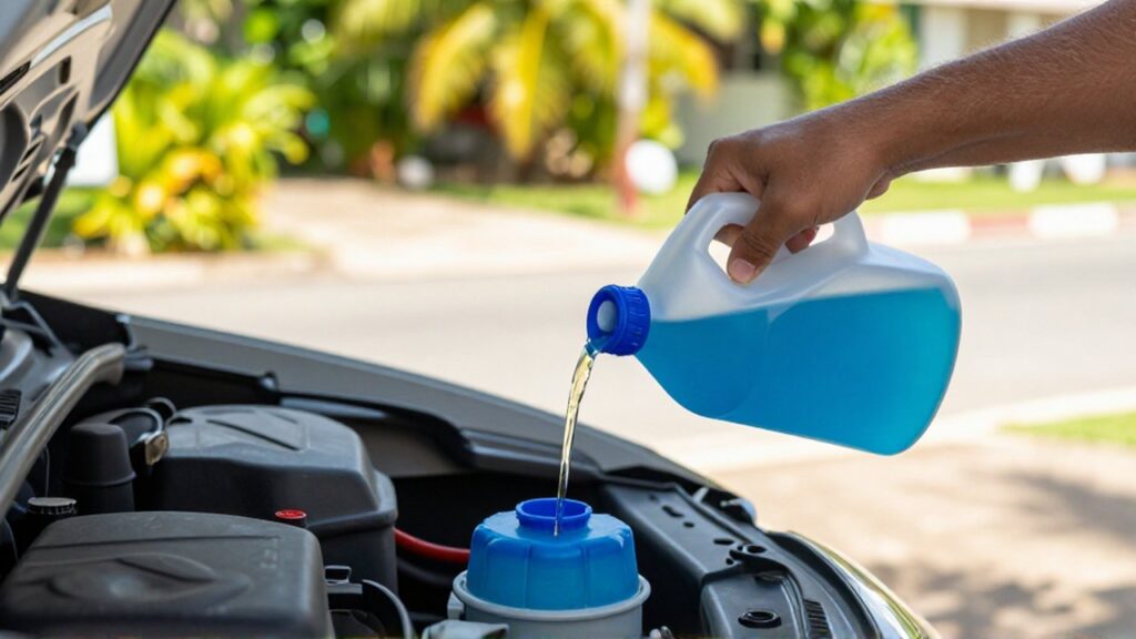 Hands pour bright blue windshield washer fluid from a plastic jug into a car reservoir.