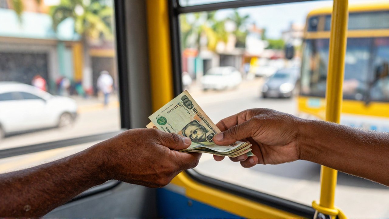 A man's hand hands small Dominican peso banknotes to a bus conductor inside a brightly colored urban bus.