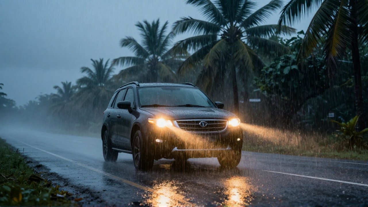 A modern SUV's yellow fog lights pierce through a heavy tropical rainstorm on a coastal highway.