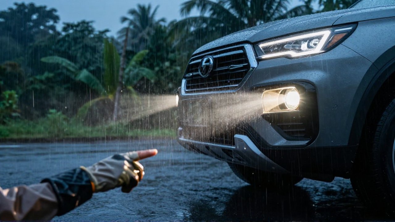 A gloved hand points toward a bright yellow fog light piercing through heavy tropical rain.