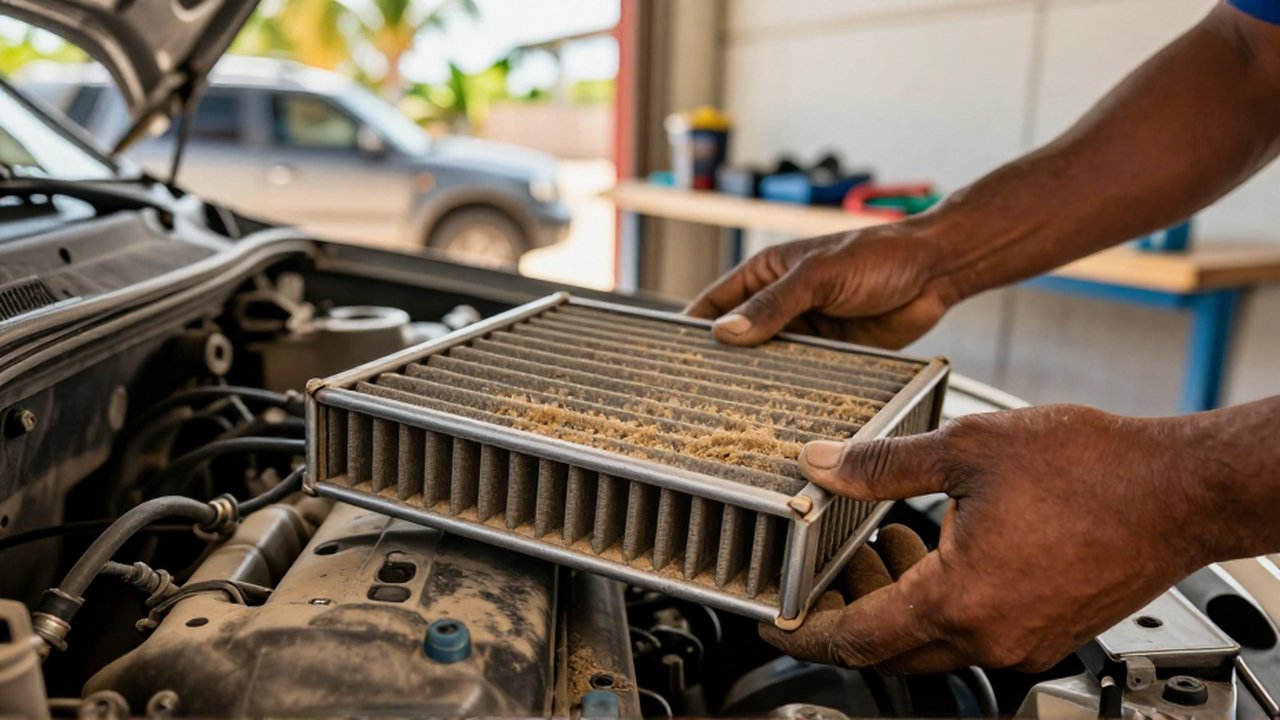 A mechanic's hands inspect a dust-clogged engine air filter inside a sunlit vehicle engine bay.