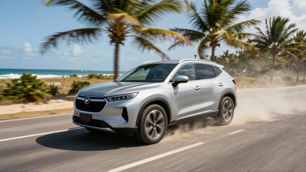 A silver SUV drives steadily along a windy coastal highway lined with palm trees.