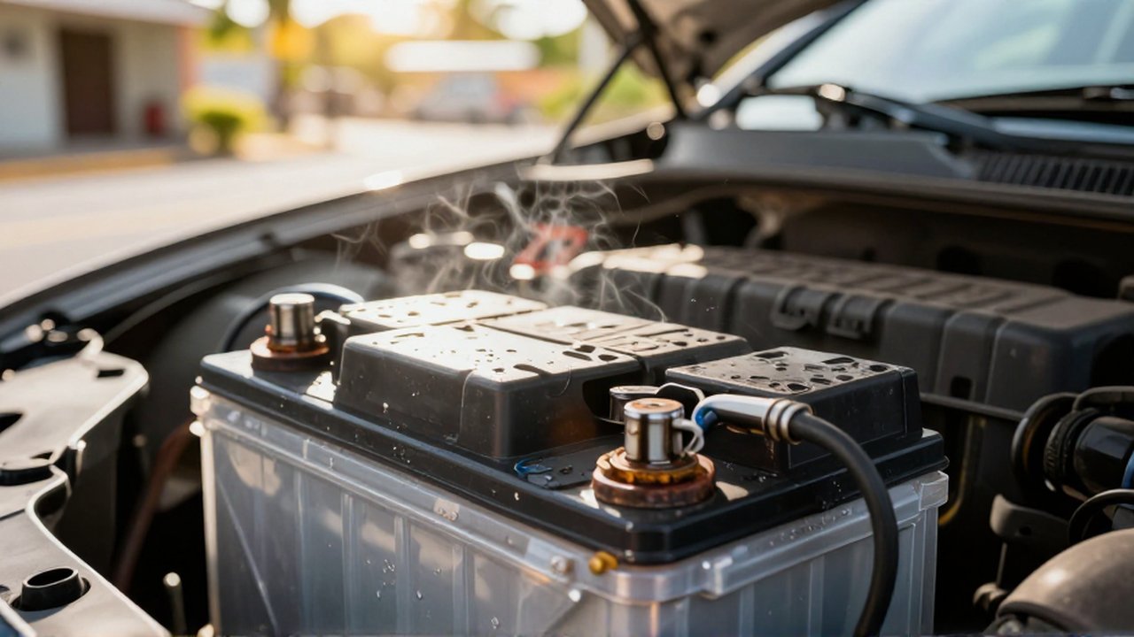 A close-up of a car battery with corroded terminals under intense heat in a sunny garage.