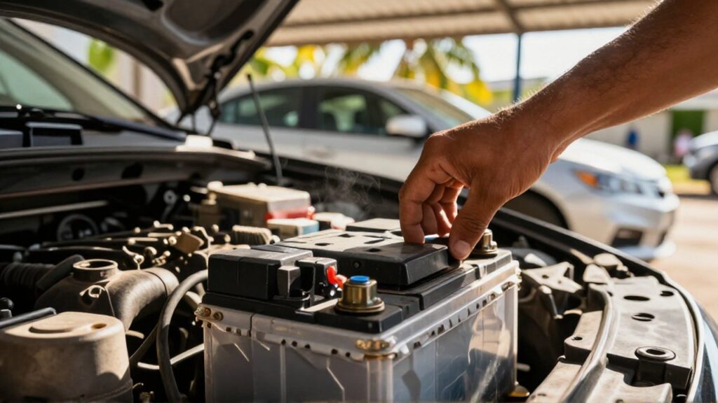 A mechanic's hand inspects a car battery terminal in a sun-drenched workshop.