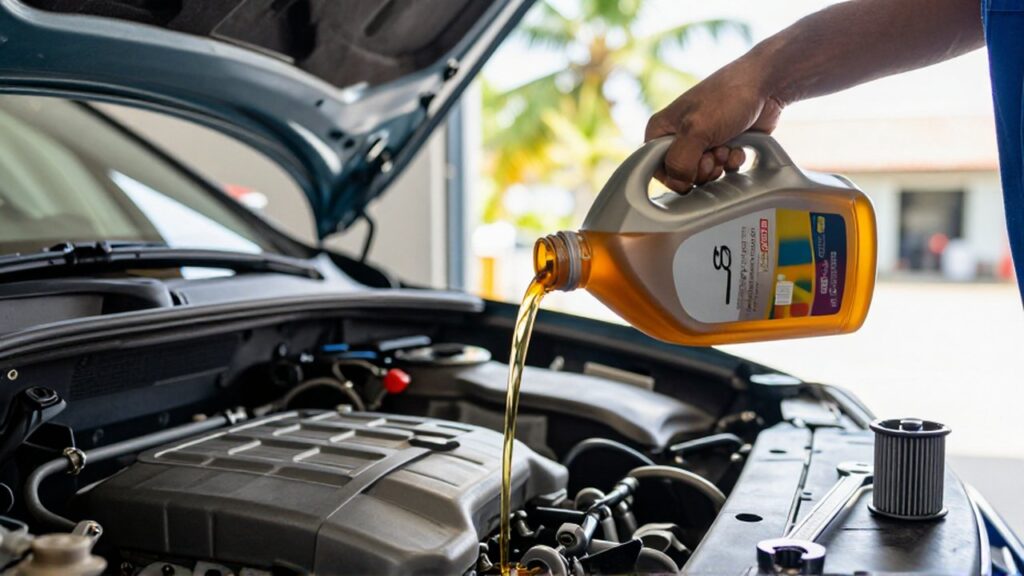 A mechanic pours golden engine oil into a modern car engine inside a bright workshop.