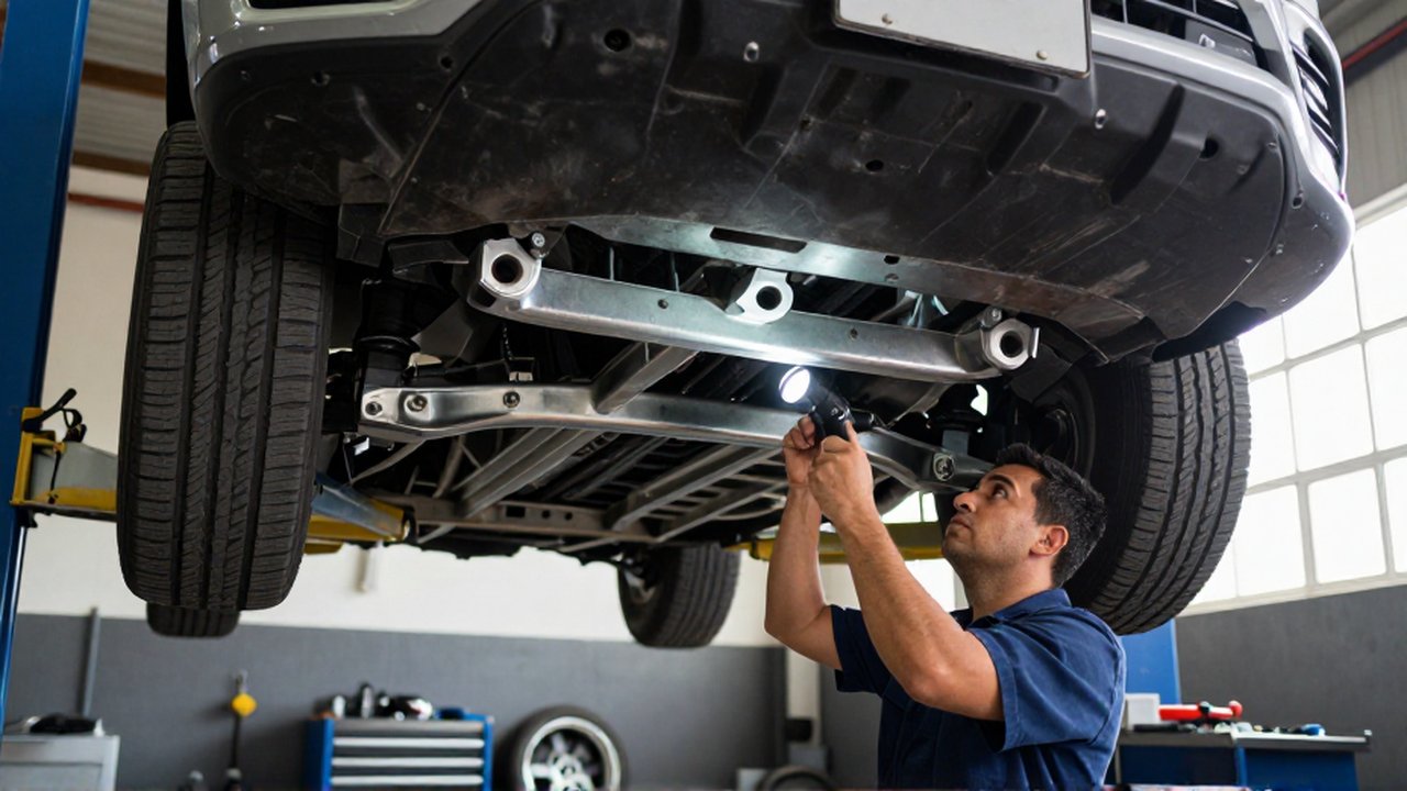 A mechanic uses an LED flashlight to inspect the steel chassis of an elevated SUV.