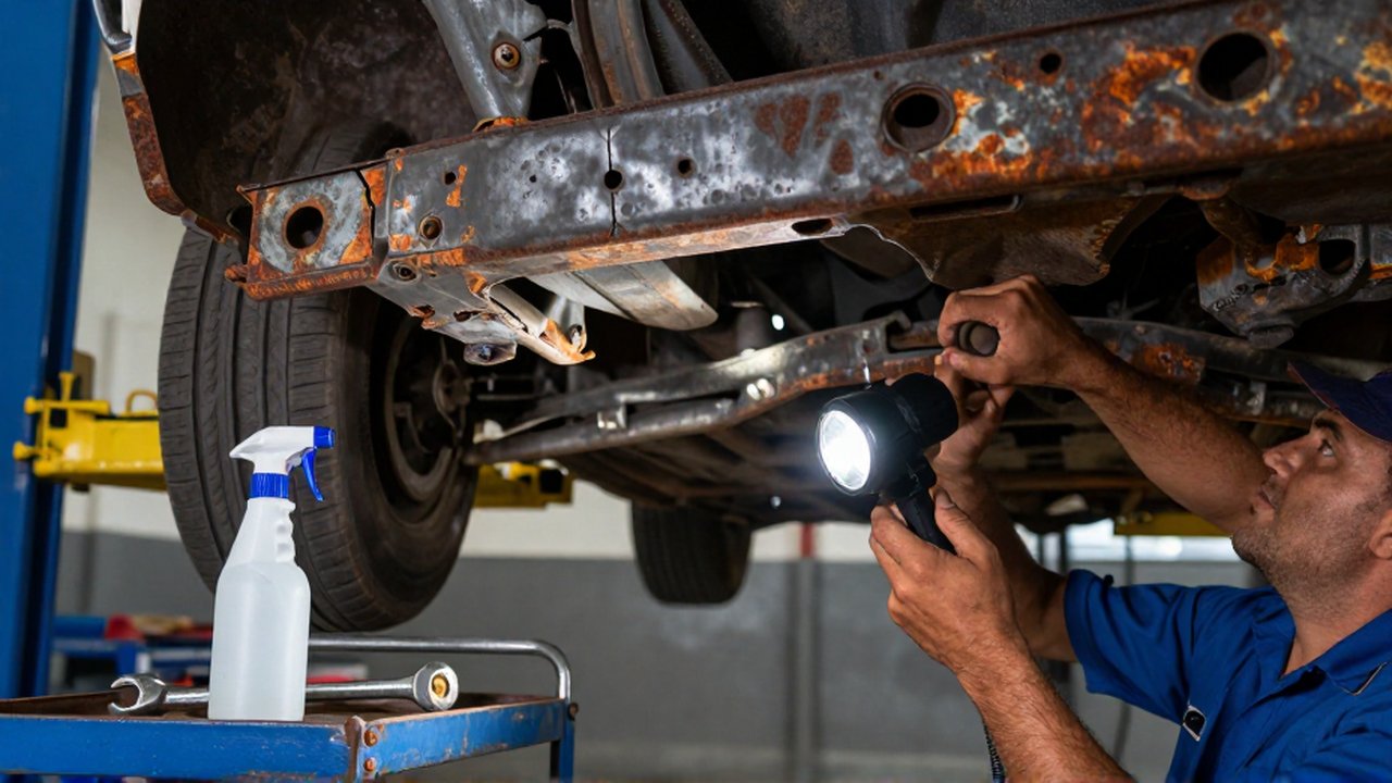 A mechanic inspects heavily rusted and corroded metal sections of a vehicle's chassis with a flashlight.