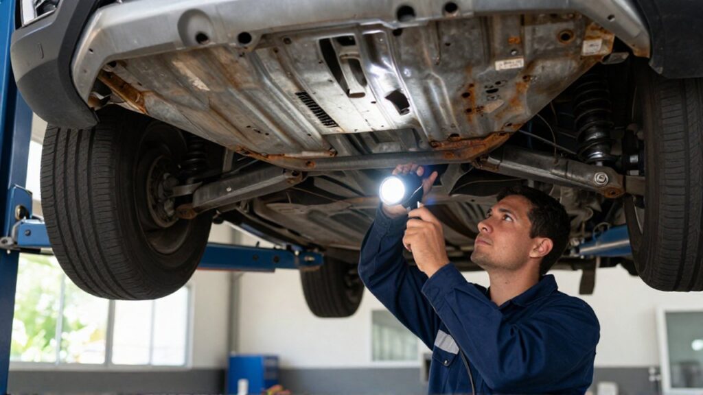 A professional technician uses an LED flashlight to inspect an SUV's undercarriage in an organized garage.