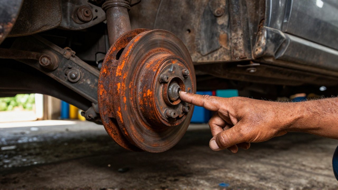 A mechanic's hand points to a severely rusted and corroded metal brake line under a vehicle.