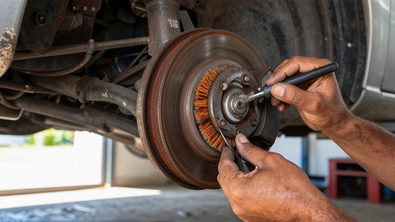 A mechanic uses a small wire brush to clean orange rust from a metal brake line.