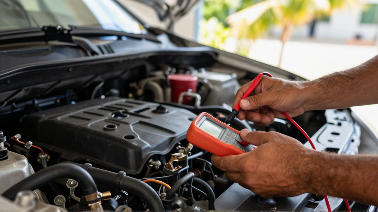 A technician uses a multimeter to test the electrical continuity of a ground wire connection in an engine bay.