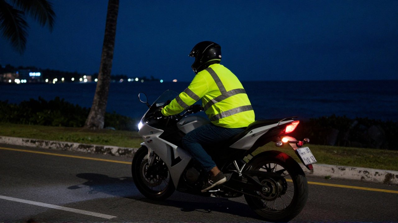 A motorcyclist in a neon yellow reflective safety vest rides along a dark coastal road at night.