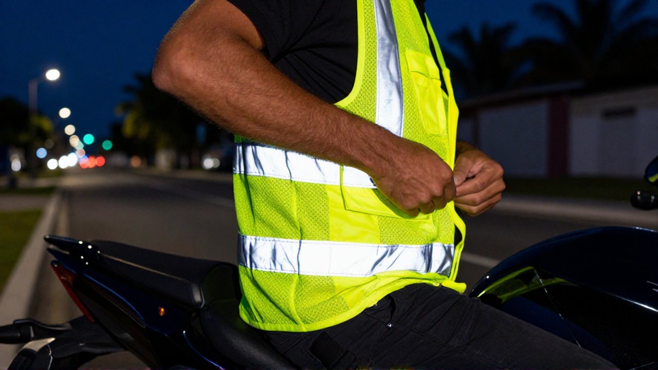A motorcyclist fastens a neon yellow safety vest while seated on a motorcycle at night.