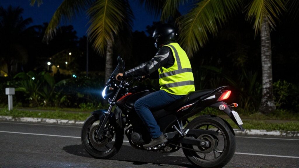 A motorcycle rider in a bright neon yellow safety vest travels along a dark tropical roadside at night.