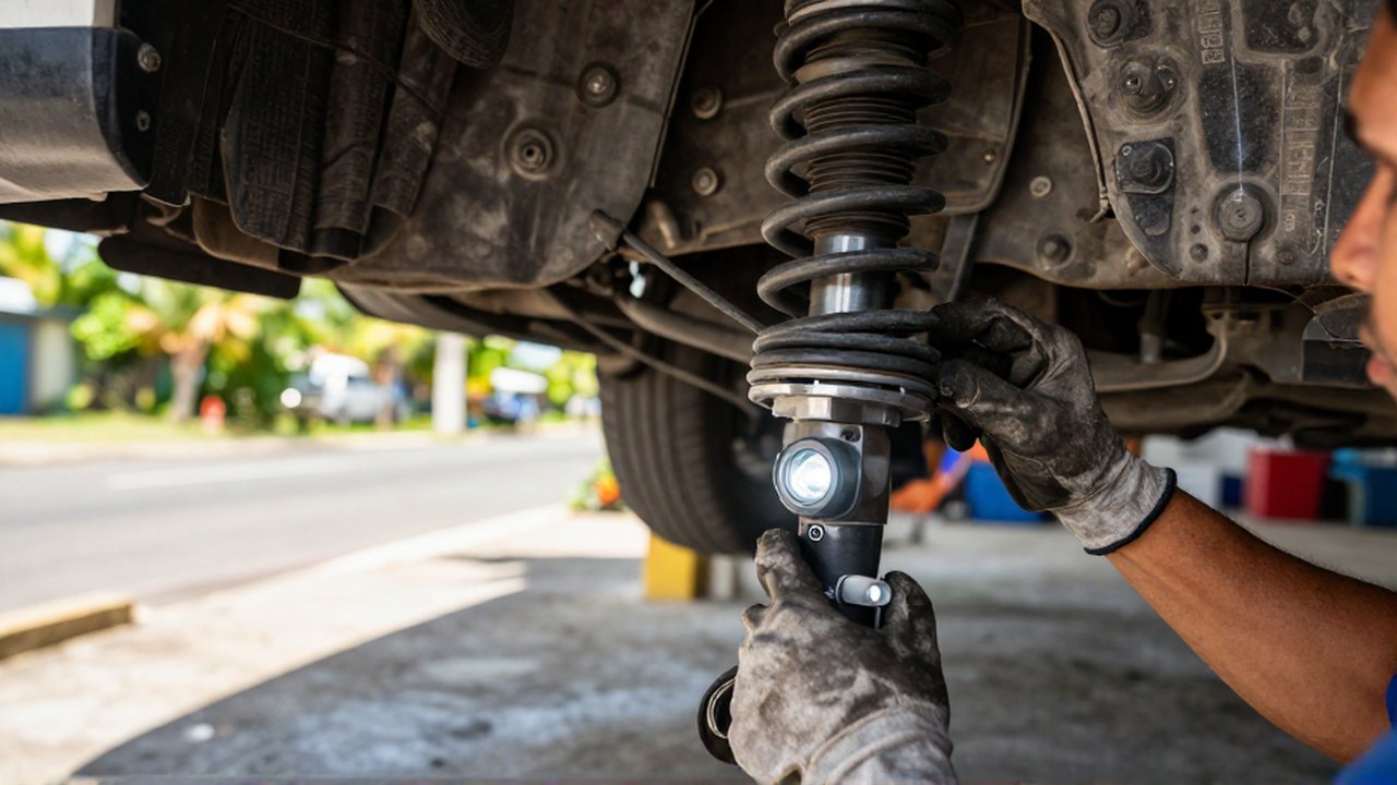 A mechanic uses a flashlight to inspect a worn suspension strut and leaking shock absorber.