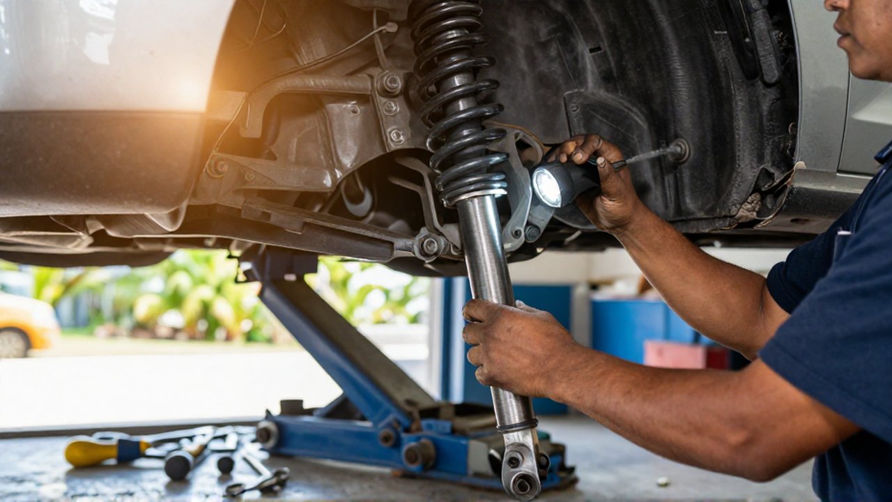 A mechanic uses a flashlight to inspect a worn shock absorber and control arm in a bright garage.