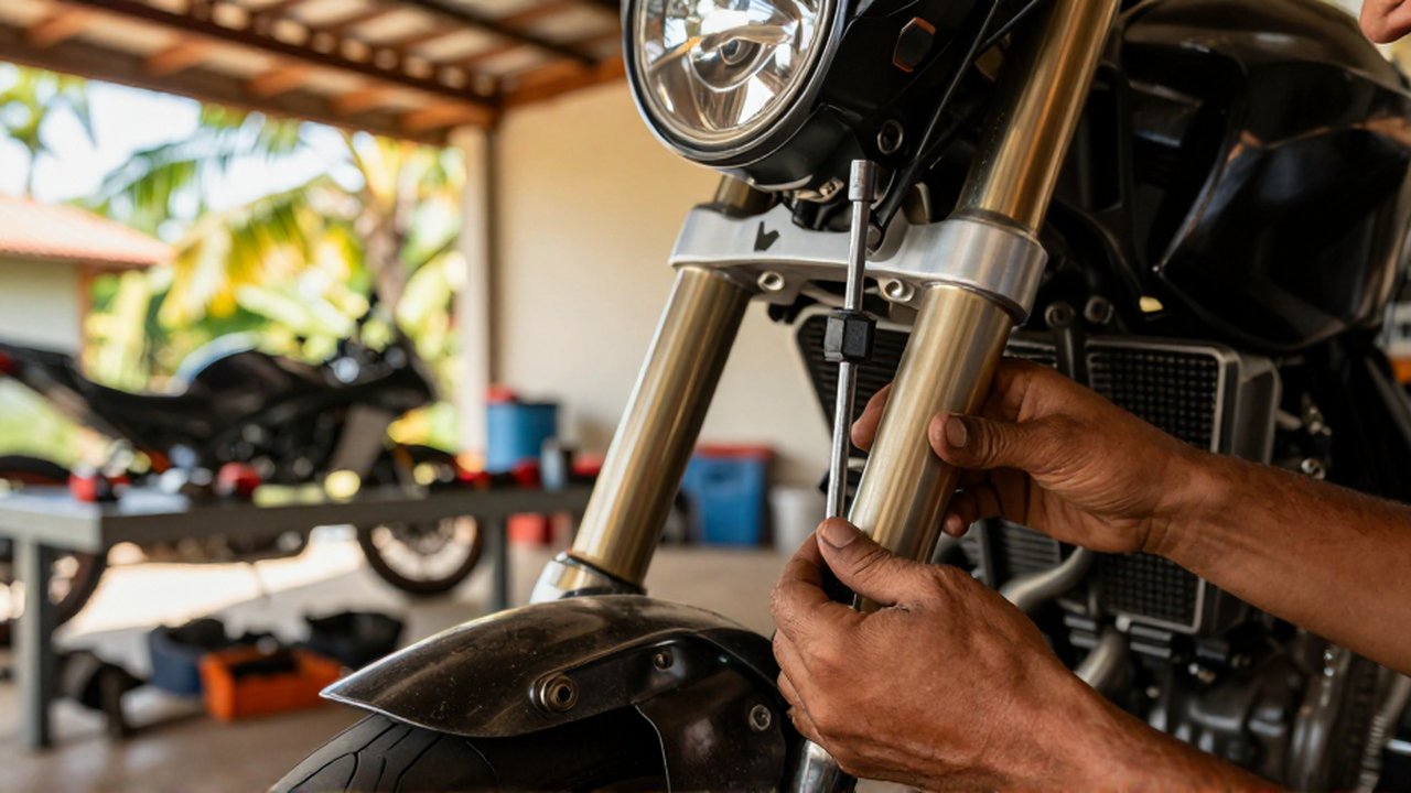 A mechanic uses a torque wrench to inspect a motorcycle's front suspension in a sunlit garage.