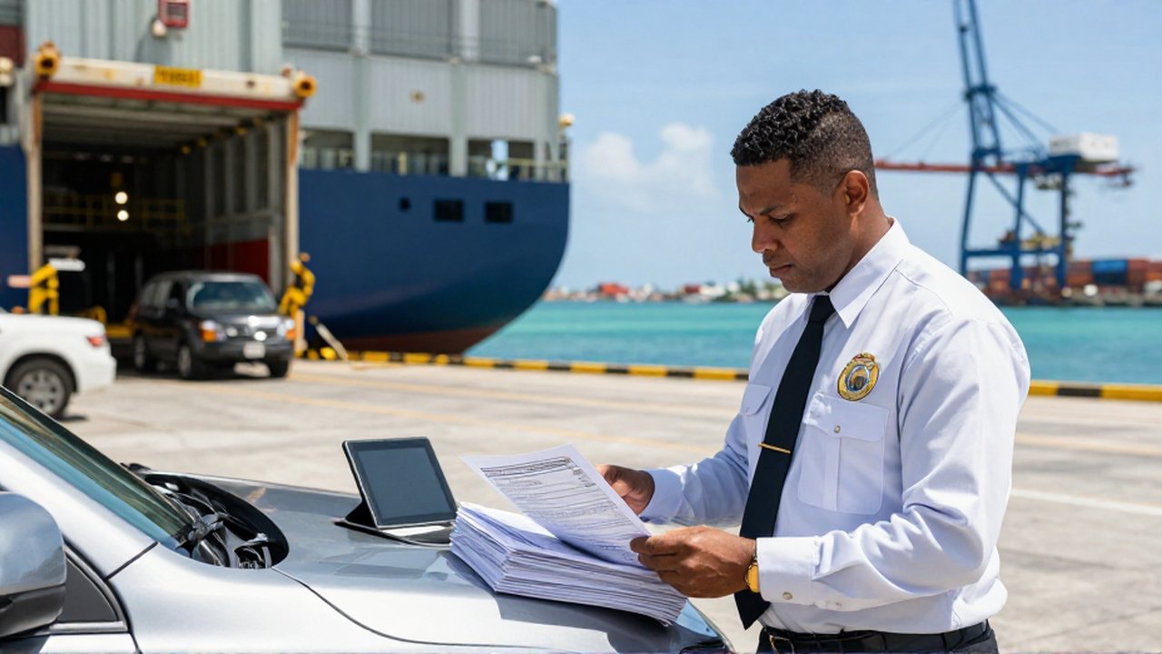 A customs officer reviews documents and a tablet next to a silver SUV at a sunny Caribbean port.