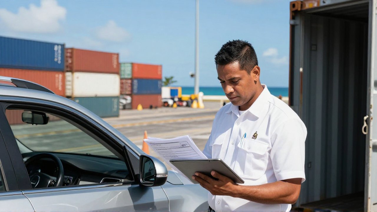A customs inspector in white reviews documents next to a silver SUV being unloaded at a tropical port.
