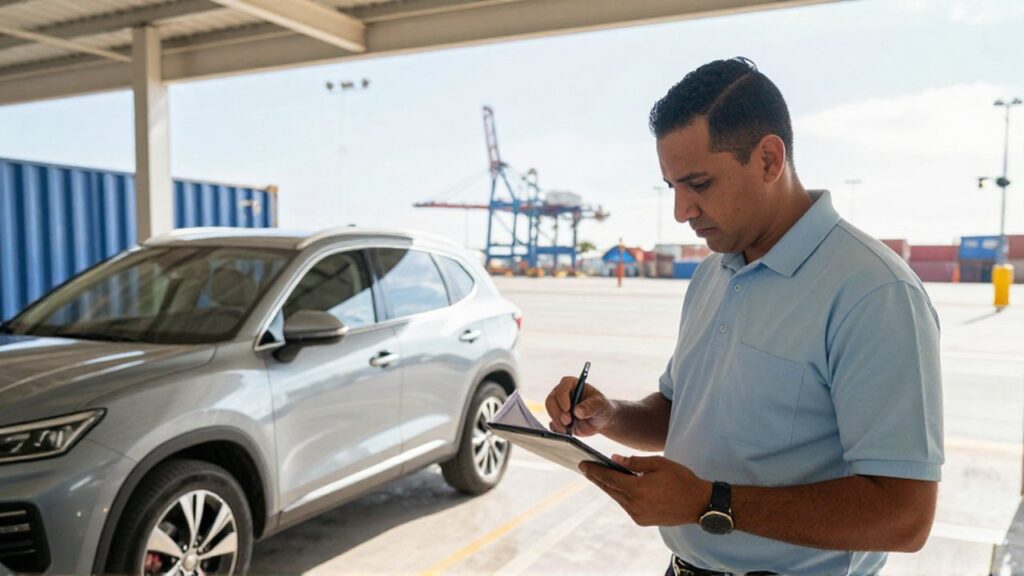 A customs official reviews paperwork and a tablet next to a silver SUV at a tropical maritime port.