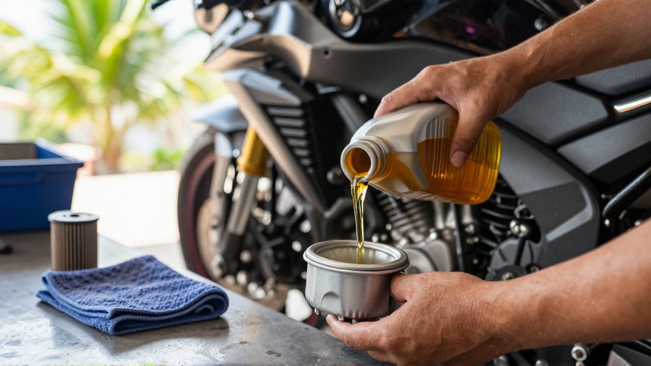 A mechanic's hands pour golden engine oil into a modern motorcycle reservoir inside a bright workshop.