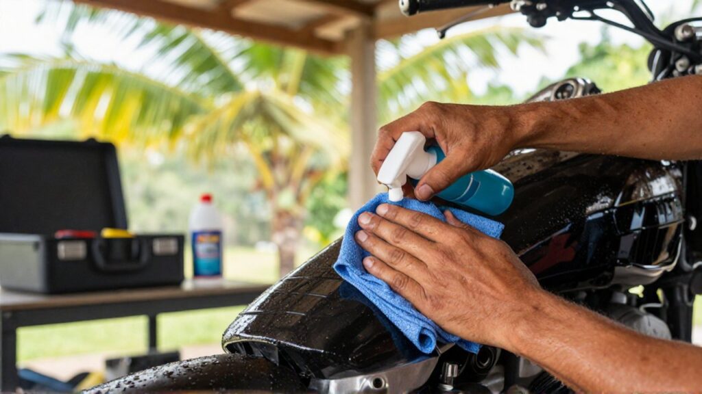 A mechanic's hands use a cloth and spray to clean a gleaming motorcycle engine in a tropical garage.