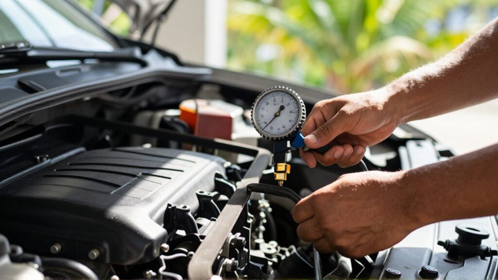 A mechanic uses a tension gauge to inspect a black serpentine belt inside an engine.