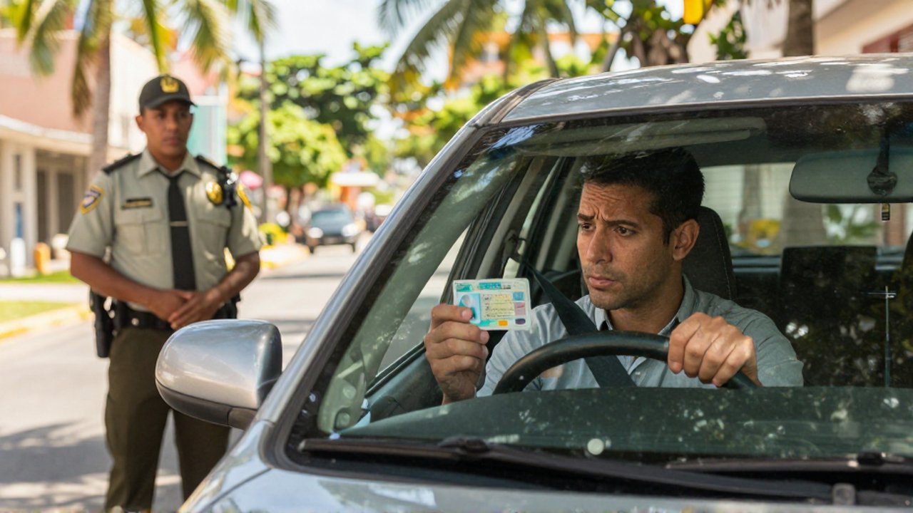 A stressed male driver holds his license while a police officer speaks to him through a car window.