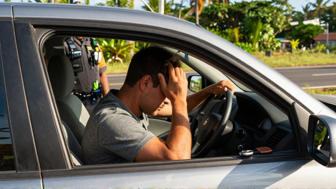 A frustrated male driver holds his head in his hands as a uniformed officer stands by his car window on a sunny tropical roadside.