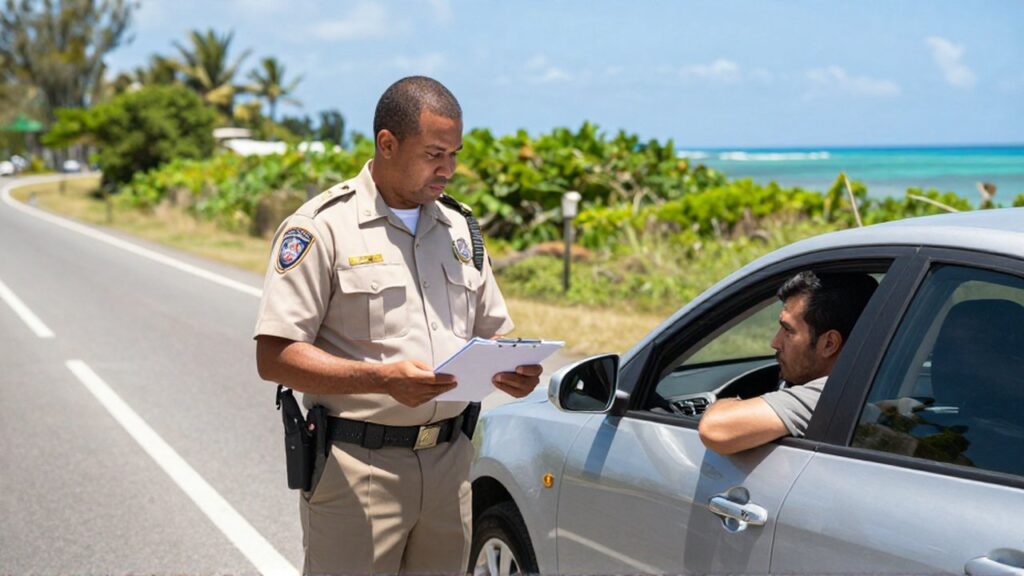 A Dominican traffic officer in tan uniform speaks to a driver beside a silver sedan on a coastal highway.