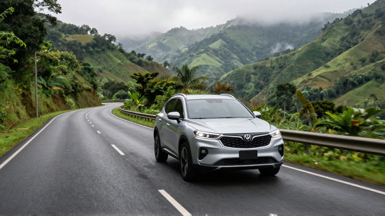 A silver SUV drives along a winding paved mountain road through a lush, misty valley.