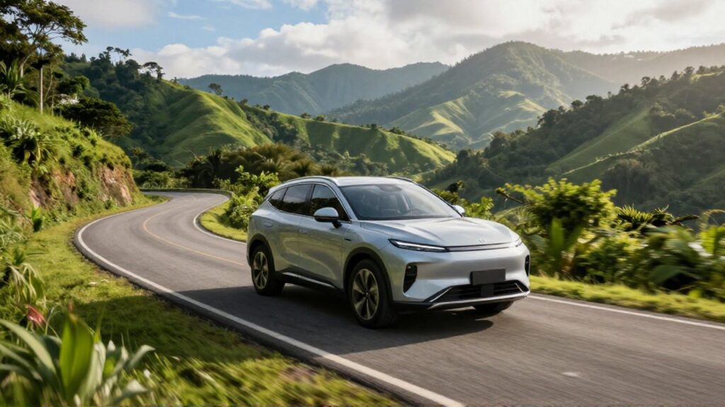 A silver SUV drives along a winding asphalt road through lush
