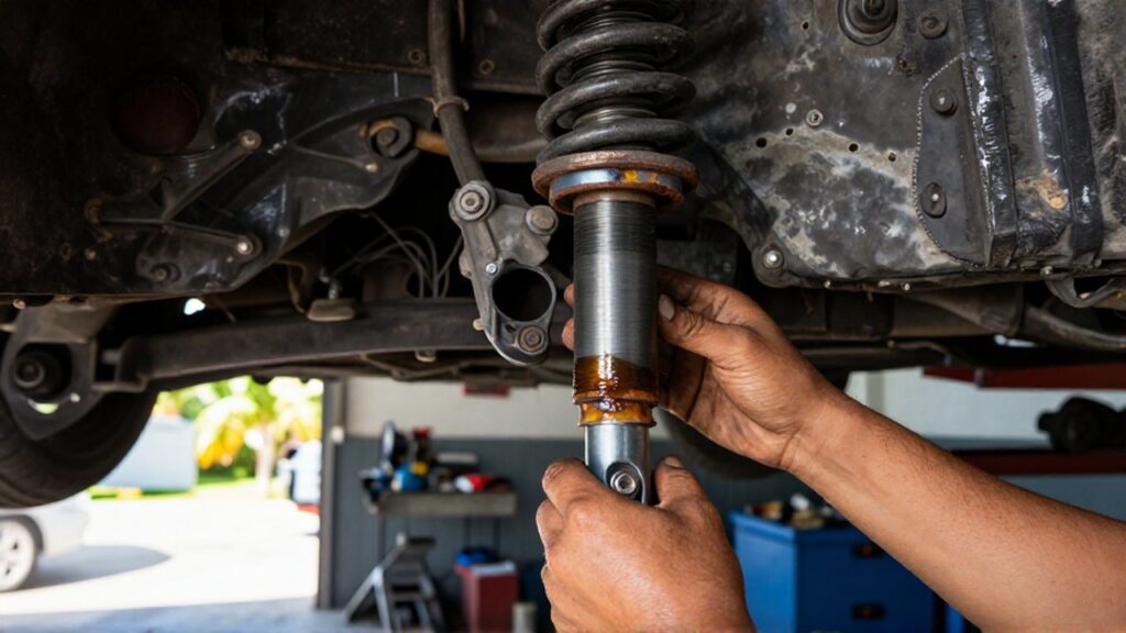 A mechanic's hands inspect a rusted