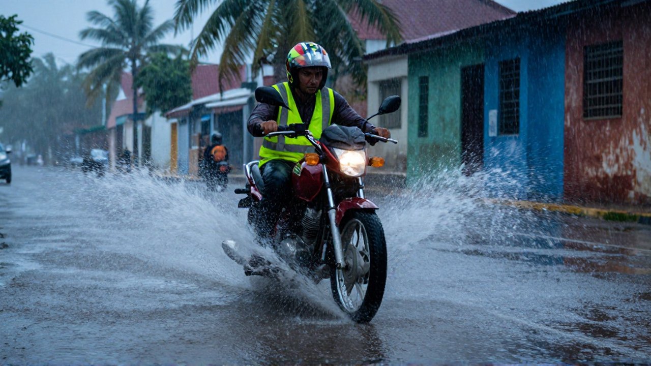 A motorcyclist in a safety vest navigates a deep puddle during a heavy tropical downpour.