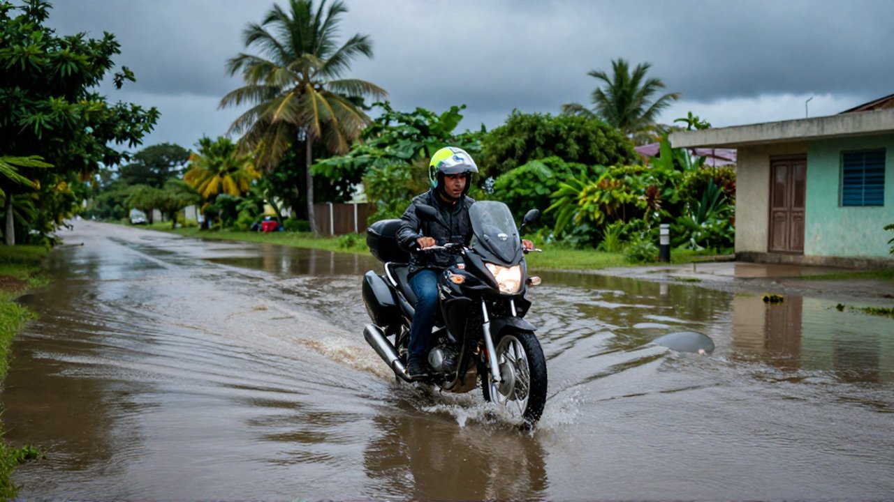 A motorcyclist in a waterproof jacket carefully rides through a shallow flood on a tropical street.