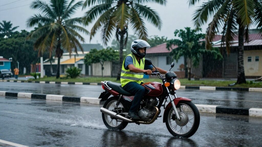 A motorcyclist in a high-visibility vest carefully rides through a flooded urban street during a tropical rainstorm.