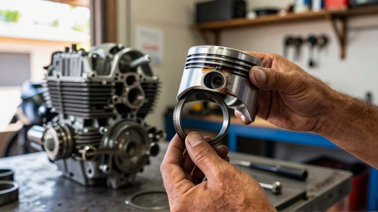 A mechanic inspects a worn, damaged motorcycle piston ring next to a disassembled engine.