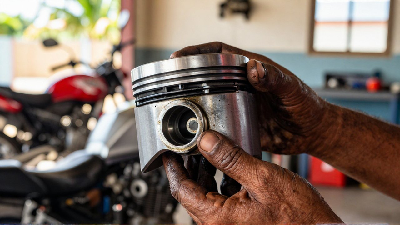 Mechanic's grease-stained hands inspect a worn motorcycle piston and damaged rings inside an engine cylinder.