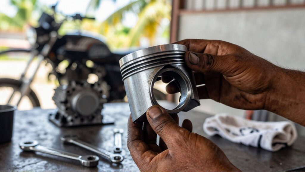 A mechanic's grease-stained hands hold a scratched