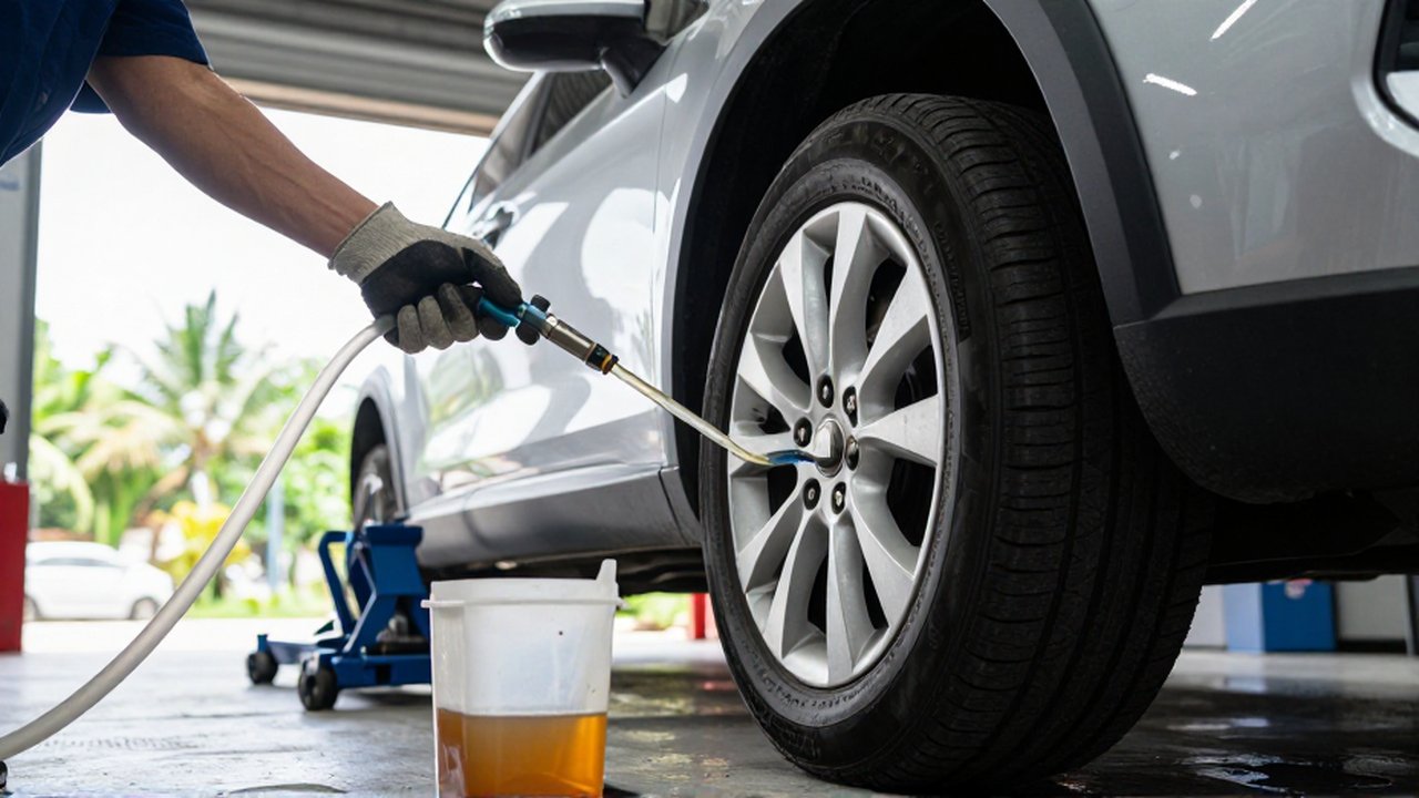 A technician in gloves performs a brake bleeding procedure on a silver SUV in a bright garage.