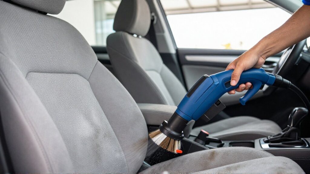 A professional detailer uses a handheld extractor machine to deep clean gray fabric car upholstery.