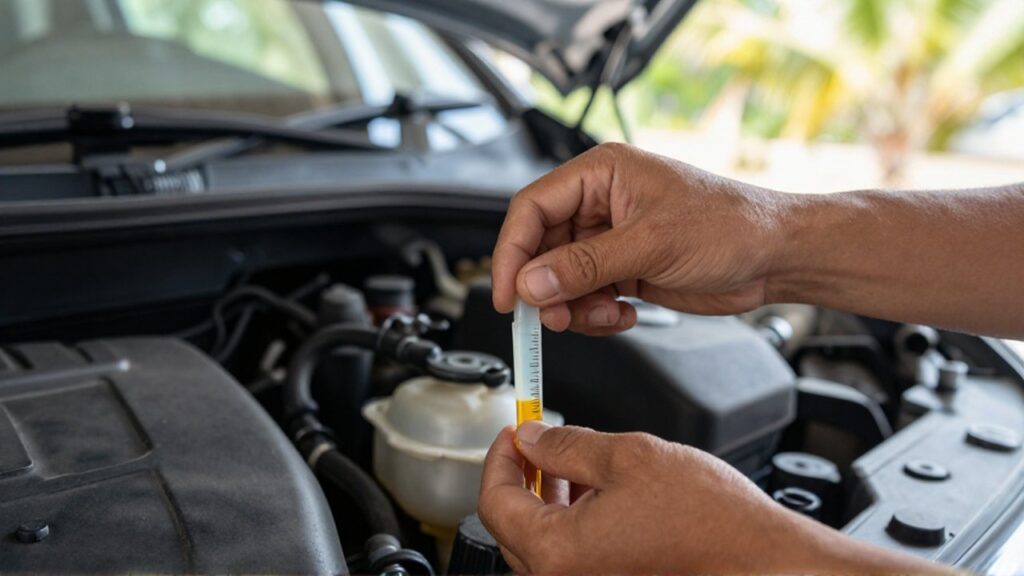 A mechanic's hands pull a translucent dipstick from a power steering reservoir in a bright engine bay.