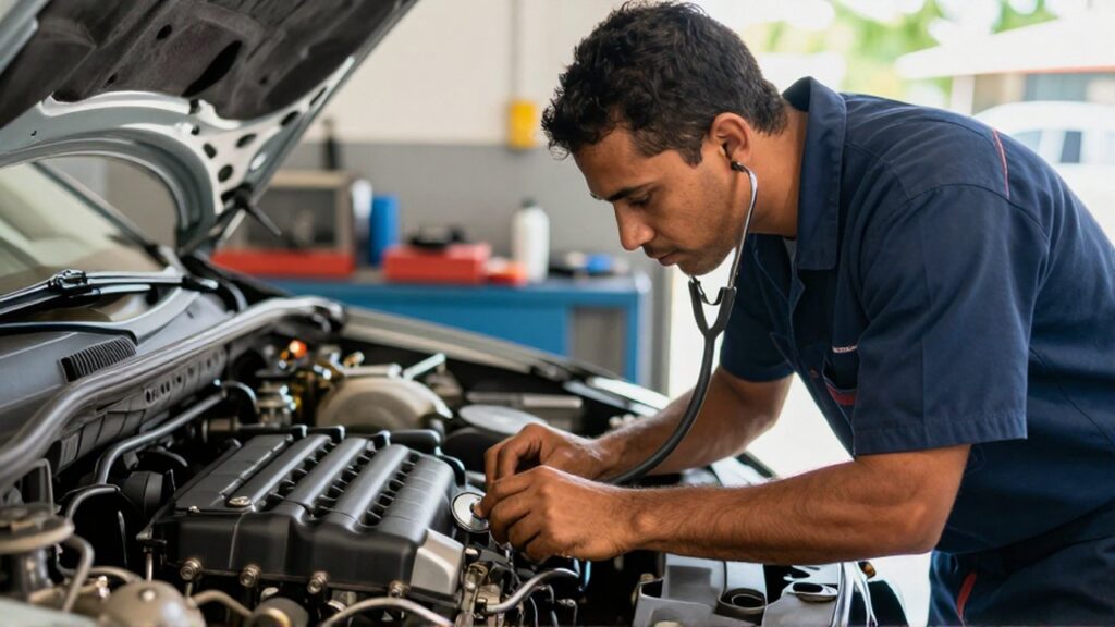 A focused mechanic in a navy blue uniform uses a stethoscope to inspect a car engine.